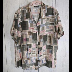 Stunt Collection Size XL Multicolored Vintage Pattern Collar 100% Silk Top